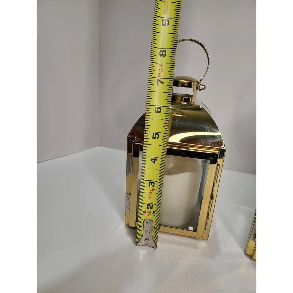 Gold Metal Lanterns with LED Candles Pair Decorative Wedding Decor 7.5in